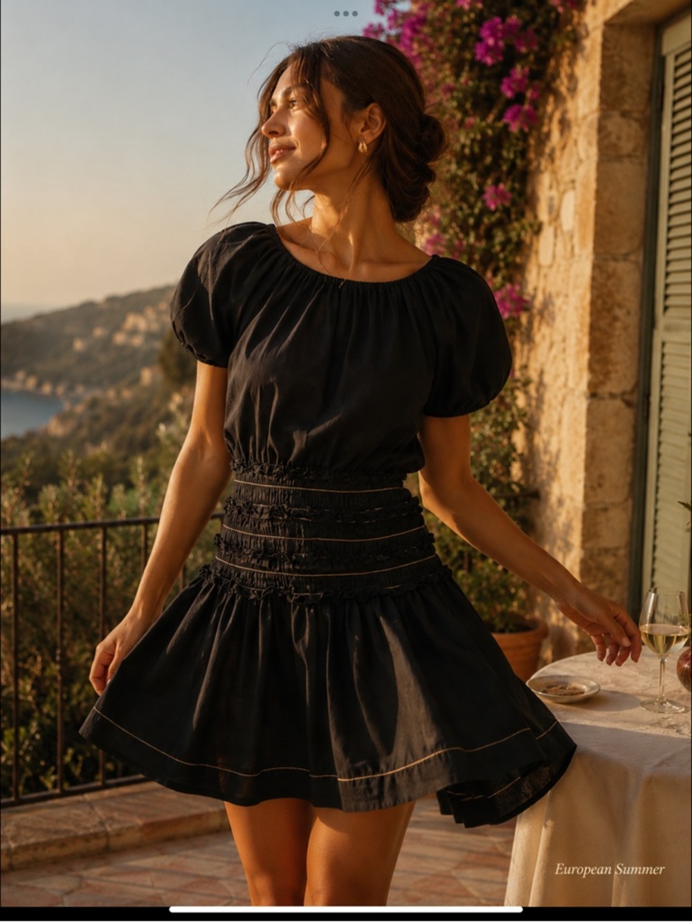 BEC + BRIDGE Black Cotton Ruched Mini Dress European Summer Resort Dress
